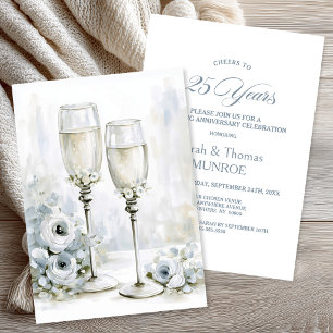 Convites Taças de Champanhe Florais Cinzas 25º Aniversário