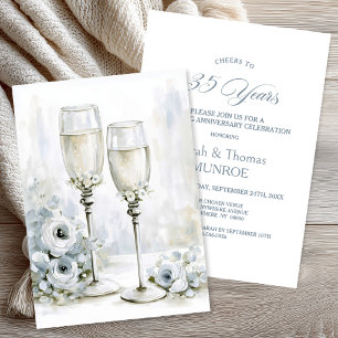 Convites Taças de Champanhe Florais Cinzas 35º Aniversário
