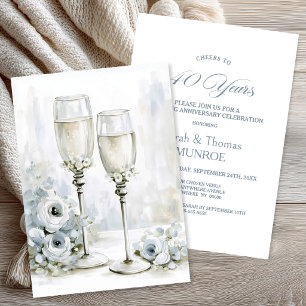 Convites Taças de Champanhe Florais Cinzas 40º Aniversário