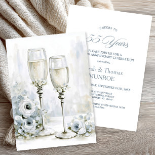 Convites Taças de Champanhe Florais Cinzas 55º Aniversário