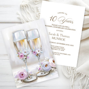 Convites Taças de Champanhe Florais Rosa 10º Aniversário