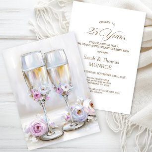 Convites Taças de Champanhe Florais Rosa 25º Aniversário