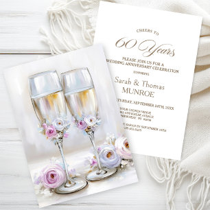 Convites Taças de Champanhe Florais Rosa 60º Aniversário