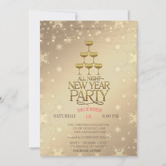 Convites Taças de Champanhe Natal Dourado  (Frente)