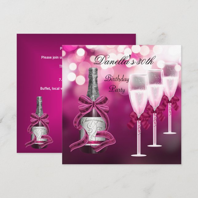 Convites Taças de Champanhe Rosa para 30º Aniversário (Frente/Verso)
