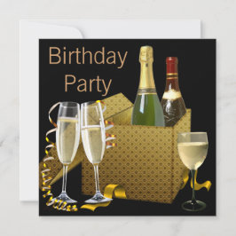 Convites Taças de Vinho Champagne Preto Dourado Aniversário