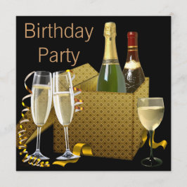 Convites Taças de Vinho Champagne Preto Dourado Aniversário