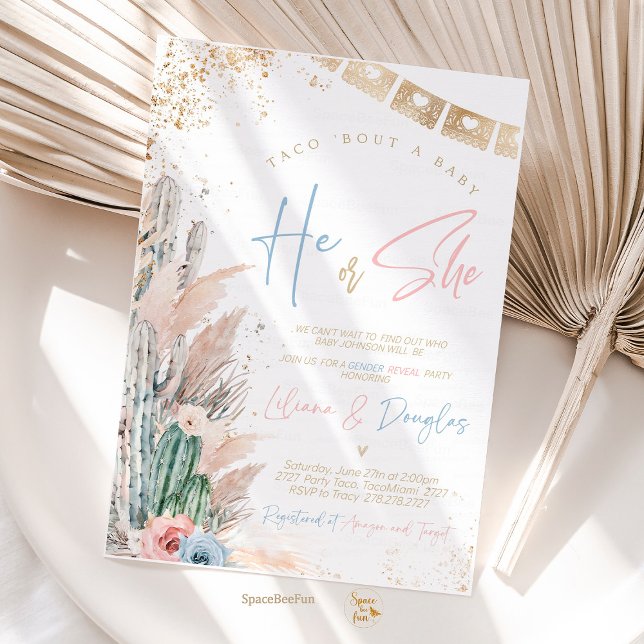 Convites Taco Bout A Chá de fraldas Convida o gênero Boho r (taco bout baby shower invitation,gender reveal invites,boho pampas grass,fiesta baby shower invite,c)