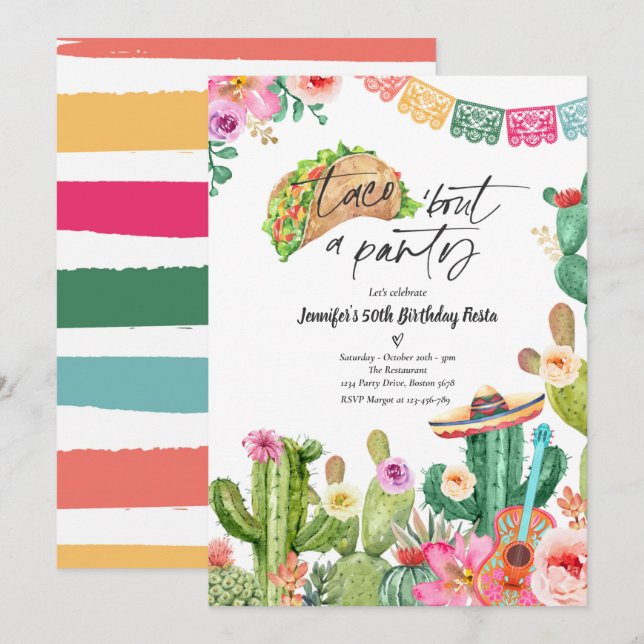 Convites Taco 'Bout A Party 50th Birthday Fiesta Cactus (Frente/Verso)