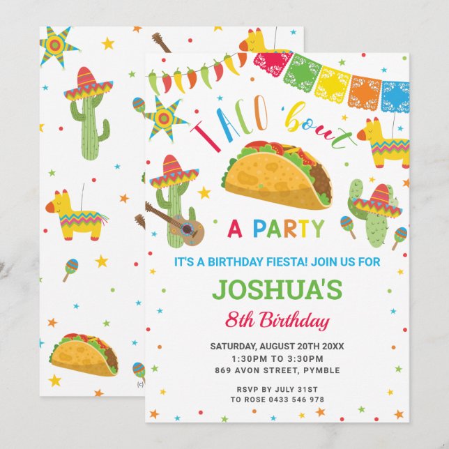 Convites Taco 'Bout a Party Fiesta Cumpleaños Birthday  (Frente/Verso)