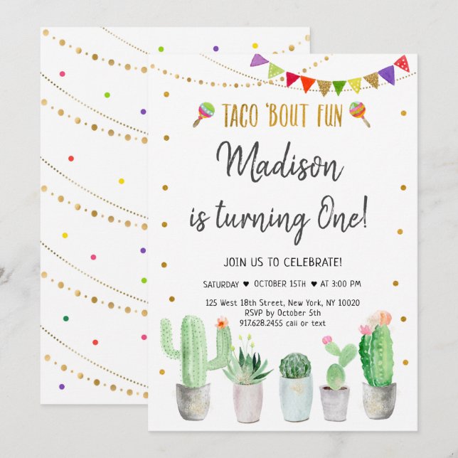 Convites Taco 'Bout Divertimento Dourado Fiesta Primeiro An (Frente/Verso)