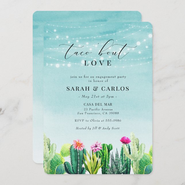 Convites Taco 'Bout Love Cactus Fiesta Noivado (Frente/Verso)