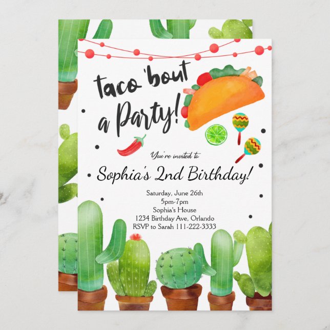 Convites Taco Fiesta Bout Party Watercolor Cactus Invite (Frente/Verso)