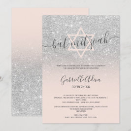 Convites Taco mitzvah rosado com brilho prateado