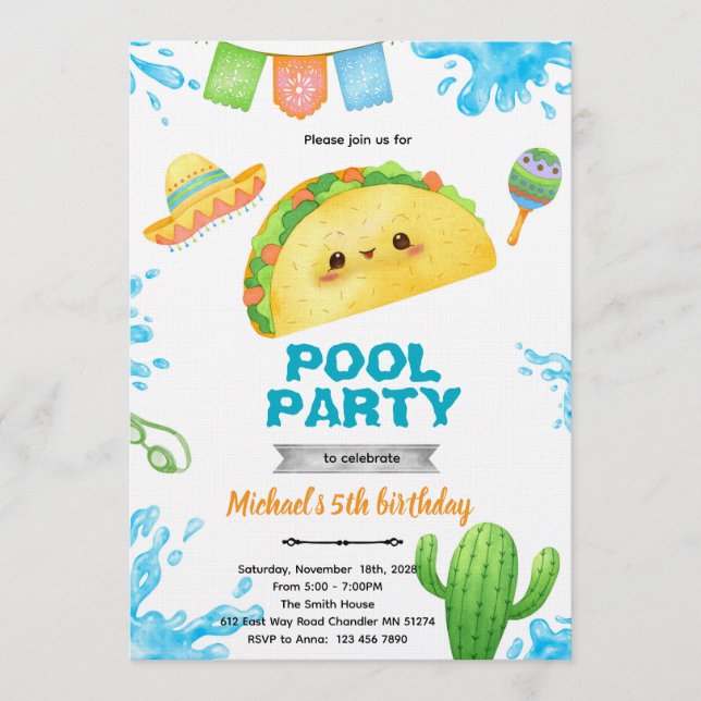 Convites Taco Pool Party Birthday Invitation (Frente)