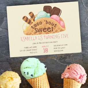 Convites Taco Sobre Sorvete de Waffle Doce Aniversário