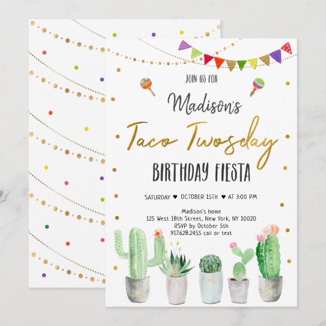 Convites Taco Twosday Dourado Fiesta Birthday (Frente/Verso)