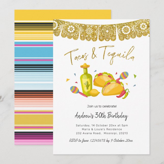 Convites Tacos and Tequila Fiesta Birthday Invitation (Frente/Verso)