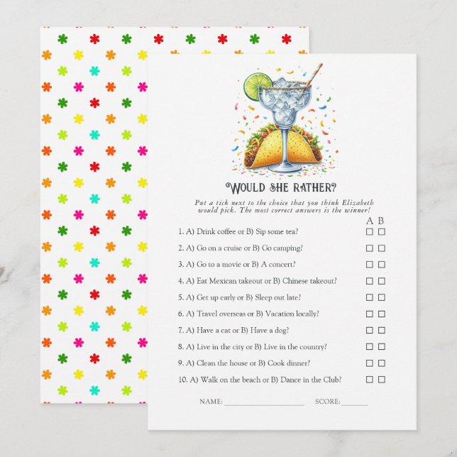 Convites Tacos and Tequila Party "Would She Rather?" Game (Frente/Verso)