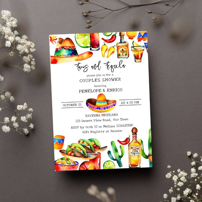 Convites Tacos e casal de tequila (Tacos and tequila couples shower template invitation bright colors watercolor Mexican fiesta themed)