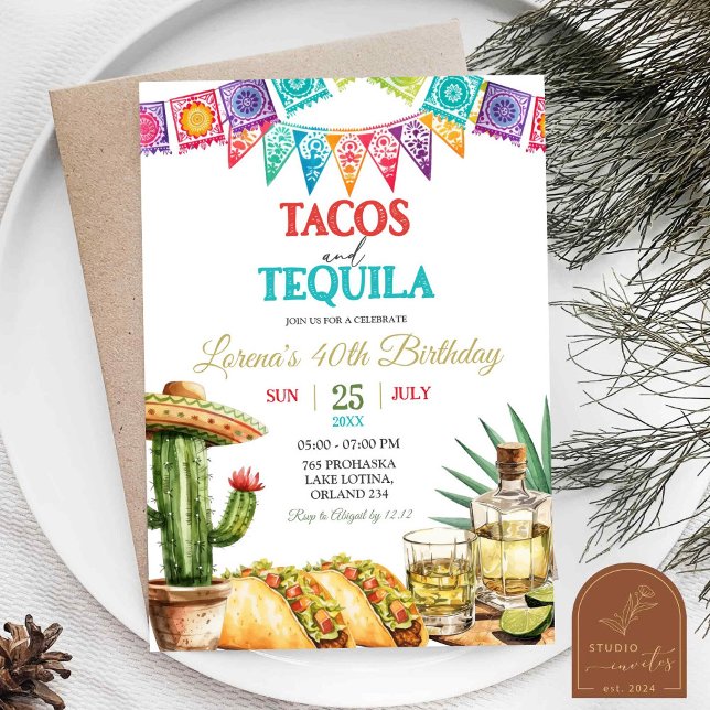 Convites Tacos e Tequila 40th Adult Birthday Fiesta (Criador carregado)