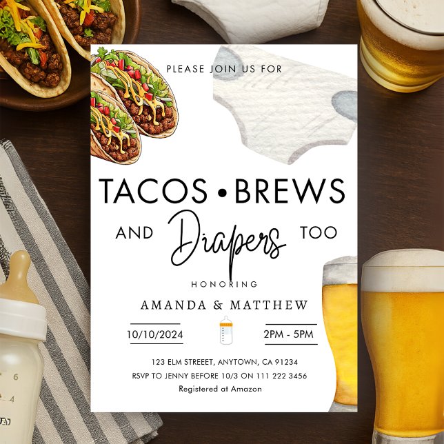 Convites Tacos, paus e Fraldas Chás de fraldas de Casal cas (Tacos Brews And Diapers Casual Couple Baby Shower Invitation)