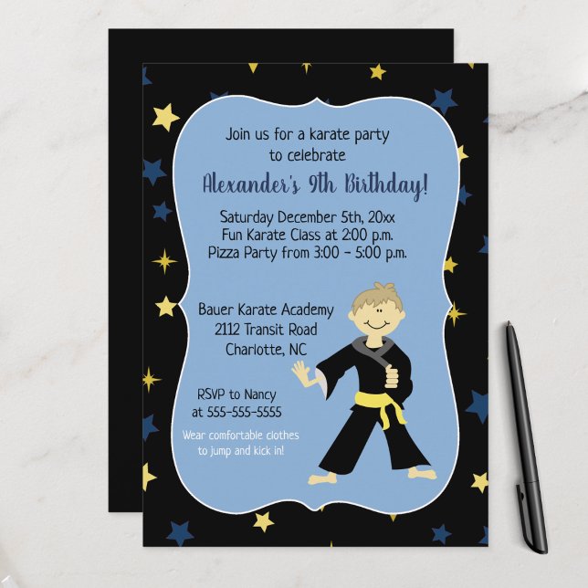 Convites Tae Kwon Do Aniversário Invoca Yellow Belt Boy (Karate Tae Kwon Do Birthday Invitations)