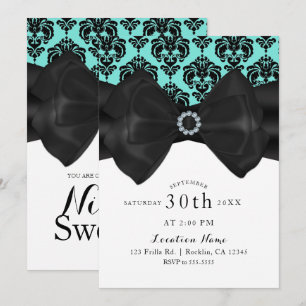 Convites Tafetá Azul e Preto com Laço Glam Chic Festa Doce 