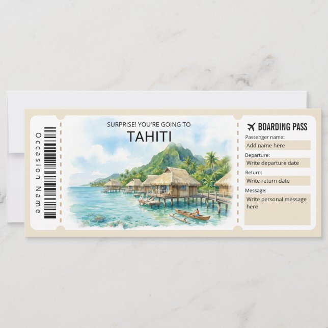 Convites Tahiti Trip Boarding Pass Ticket (Frente)