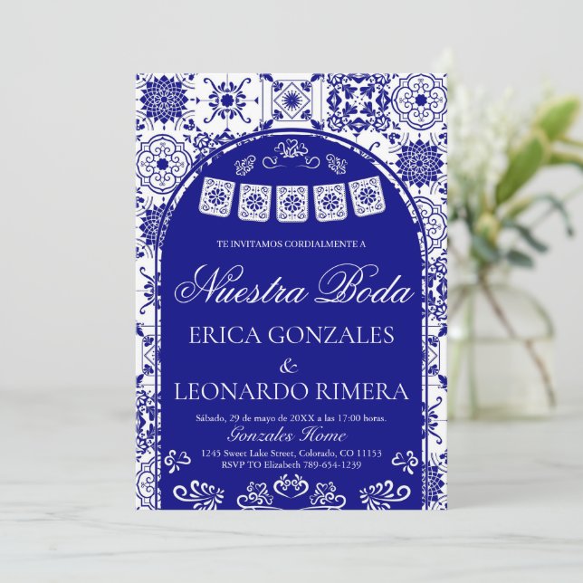 Convites Talavera Azul Marinho Papel Picado Casamento Espan (Em pé/Frente)