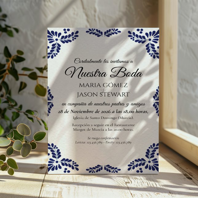 Convites Talavera Black Floral Minimalist Spanish Wedding (Talavera Black Floral Minimalist Spanish Wedding Invitation)