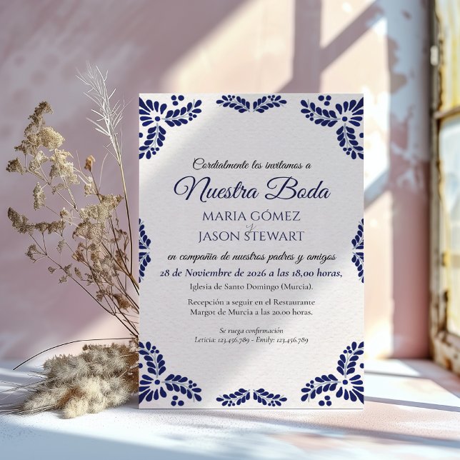 Convites Talavera Blue Floral Minimalist Spanish Wedding (Talavera Blue Floral Minimalist Spanish Wedding Invitation)