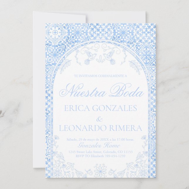 Convites Talavera Dusty Blue Papel Picado Spanish Wedding (Frente)