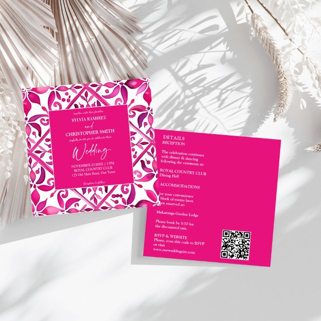 Convites Talavera espanhola rosa-fria, tudo num casamento (Bold pink Spanish Mexican talavera all in one Hacienda wedding Invitation template instant download)