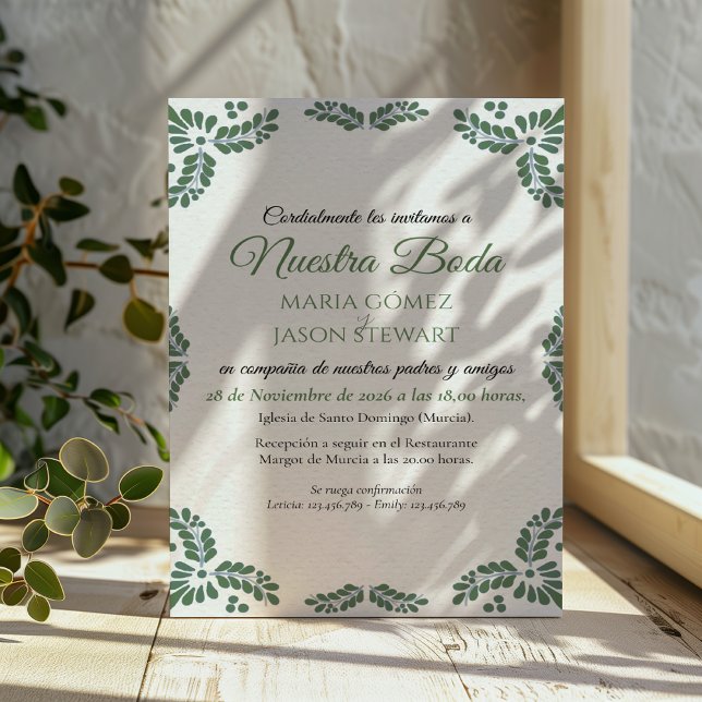 Convites Talavera Green Floral Minimalist Spanish Wedding (Talavera Green Floral Minimalist Spanish Wedding Invitation)