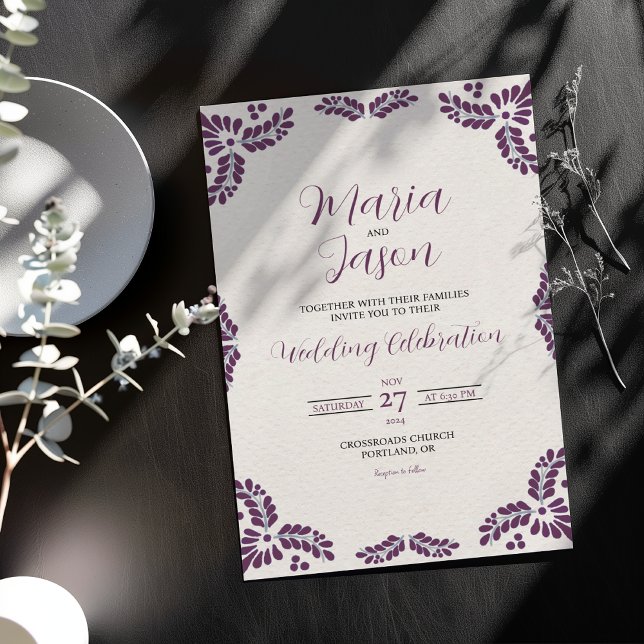 Convites Talavera Mexicana Roxo Floral Casamento Minimalist (Mexican Talavera Purple Floral Minimalist Wedding Invitation)