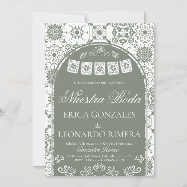 Convites Talavera Sage Verde Papel Picado Casamento Espanho (Frente)