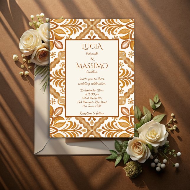 Convites Talavera terracotta vintage casamento mexicano (Terracotta vintage Mexican Talavera wedding Invitations with RSVP template instant download marron)