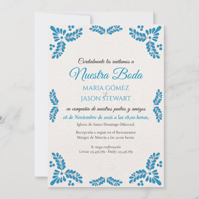 Convites Talavera Turquoise Minimalist Spanish Wedding (Frente)