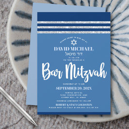 Convites Talit Azul Prata Bar Mitzvah Moderno Script Ousado