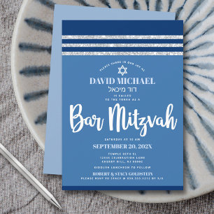 Convites Talit Azul Prata Bar Mitzvah Moderno Script Ousado