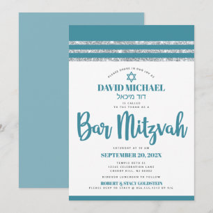 Convites Talit Azul Prata Bar Mitzvah Ousado Simples Modern