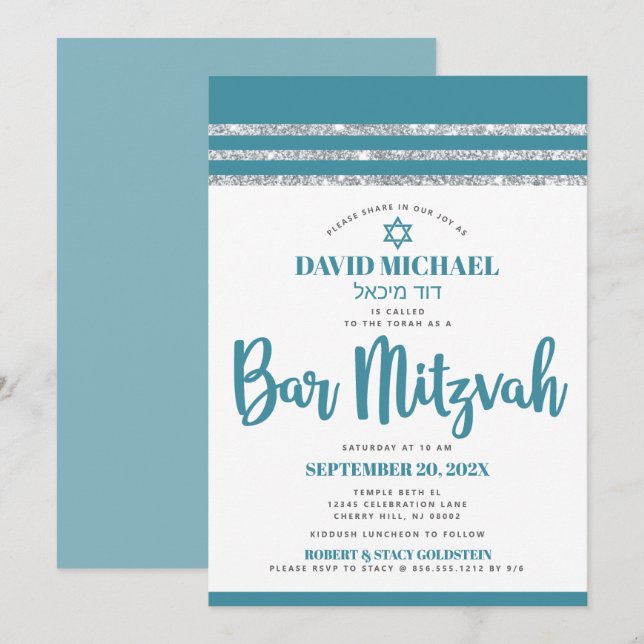 Convites Talit Azul Prata Bar Mitzvah Ousado Simples Modern (Frente/Verso)
