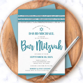 Convites Talit Bar Mitzvah Barra de Prata Verde Azul Simple