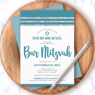 Convites Talit Bar Mitzvah Barra de Prata Verde Azul Simple