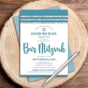 Convites Tallis Bar Mitzvah Hebraico Alto Prata Verde Azul