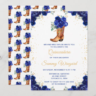 Convites Tamanho Grande Azul Escuro e Dourado Floral Cowboy