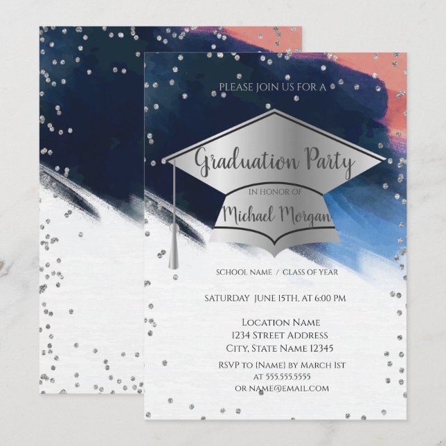 Convites Tampa de formatura com pincelada, Diamantes Gradua (Frente/Verso)