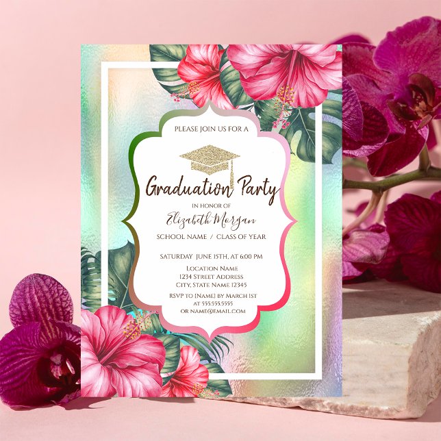 Convites Tampa de Graduação Brilhante Hibisco Holográfico G (Criador carregado)