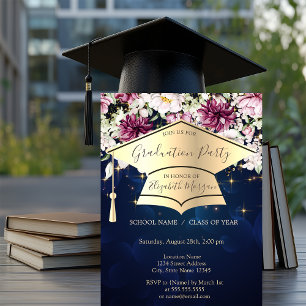 Convites Tampa de Graduação Dourada, Estrelas, Flores Gradu